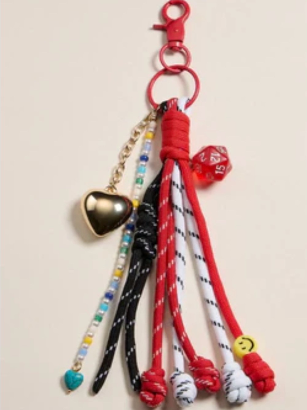 RED ROPE KEYCHAIN WITH D20 AND HEART CHARMS - NWT